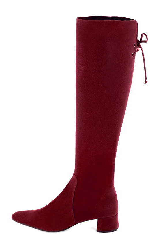 Burgundy red women's knee-high boots, with laces at the back. Tapered toe. Low flare heels. Made to measure. Profile view - Florence KOOIJMAN